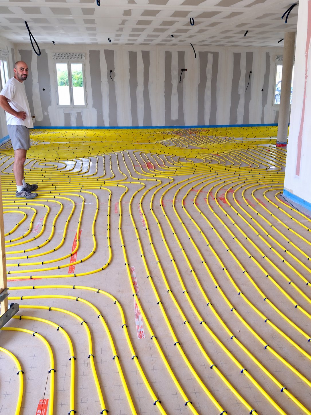 Un homme se tient debout dans une grande pièce en travaux dont le sol est couvert de tubes jaunes de plancher chauffant disposés en courbes.