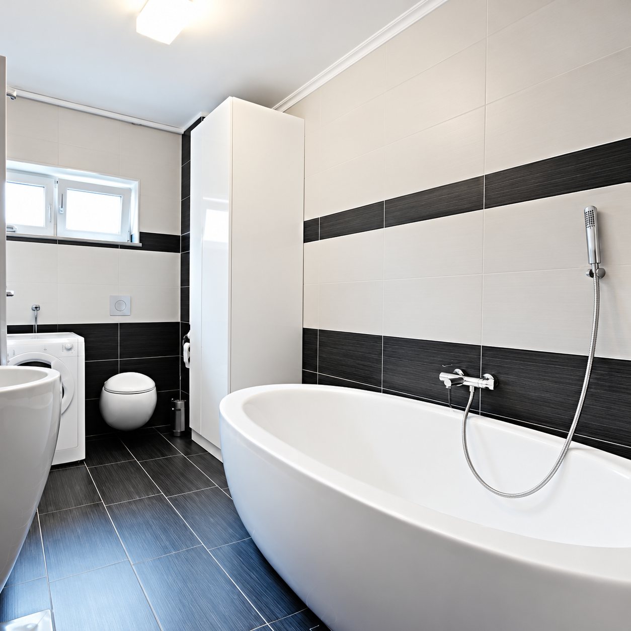 Salle de bain contemporaine avec une baignoire ovale blanche, une douchette murale, des carreaux gris foncé et blancs, un WC suspendu et un lave-linge près de la fenêtre.